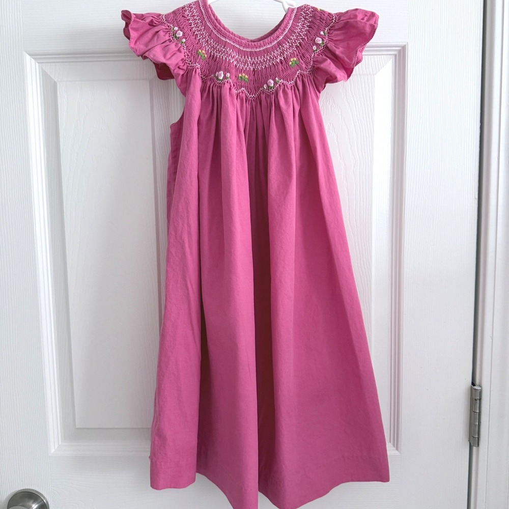 Mom & Me Smocked Dress Kids 3T Pink Floral Embroidered Flutter Sleeve Vintage